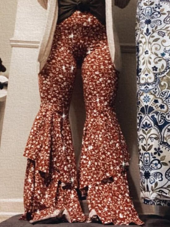 Kantha Bae Pants - Kantha Bae Open Hands Burgundy and white ruffle bells